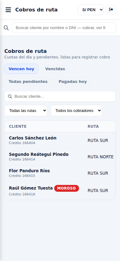 Cobros de ruta — vista móvil