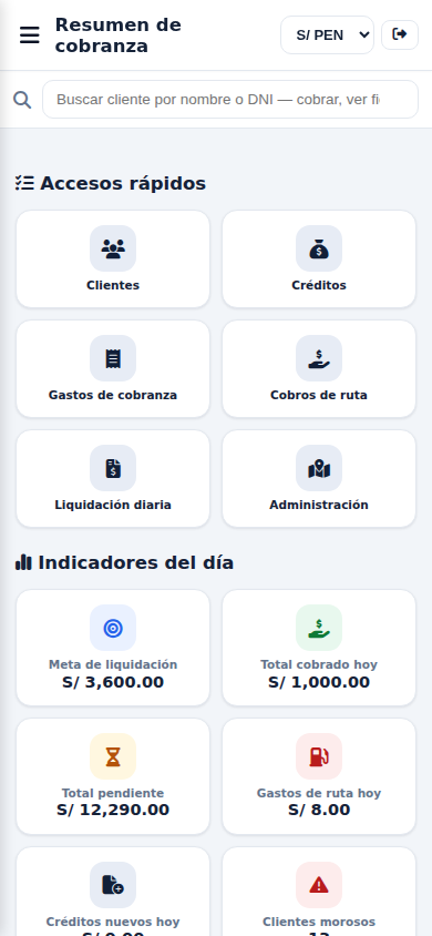 Resumen de cobranza — vista móvil